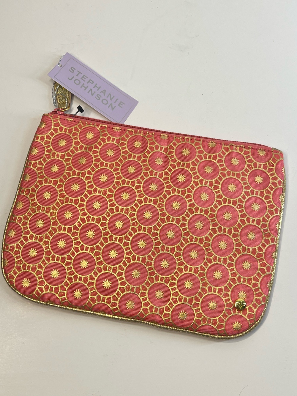 Stephanie Johnson coral/pink and gold; zip closure cosmetic bag